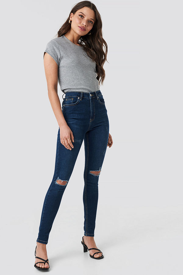 NA-KD Skinny High Waist Destroyed Jeans blå