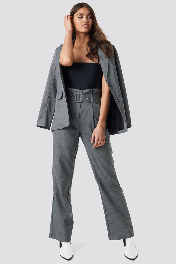 NA-KD Classic Small Check Paperbag Suit Pants grå byxor