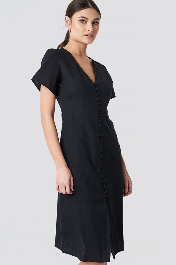 NA-KD Boho Button Front Linen-blend Dress svart