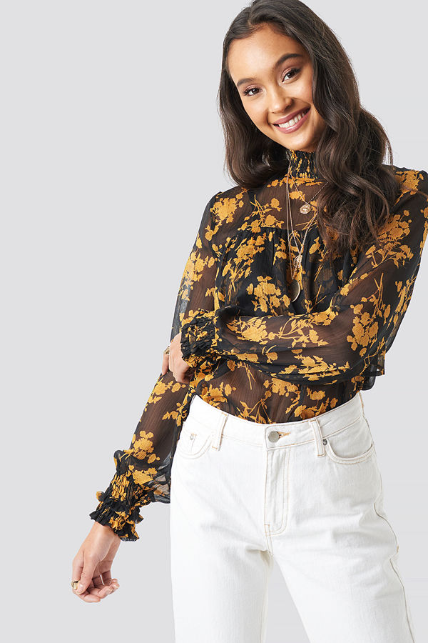 NA-KD Boho Smock Neck Layered Chiffon Top svart