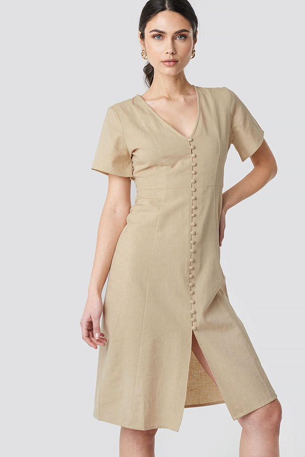 NA-KD Boho Button Front Linen-blend Dress beige