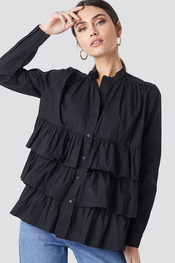 NA-KD Boho Cotton Flounce Blouse svart