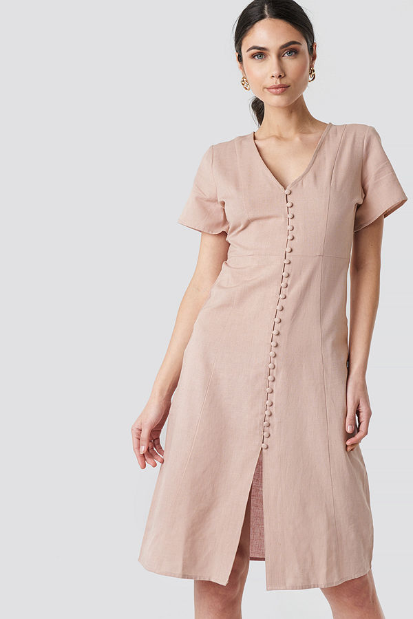 NA-KD Boho Button Front Linen-blend Dress rosa