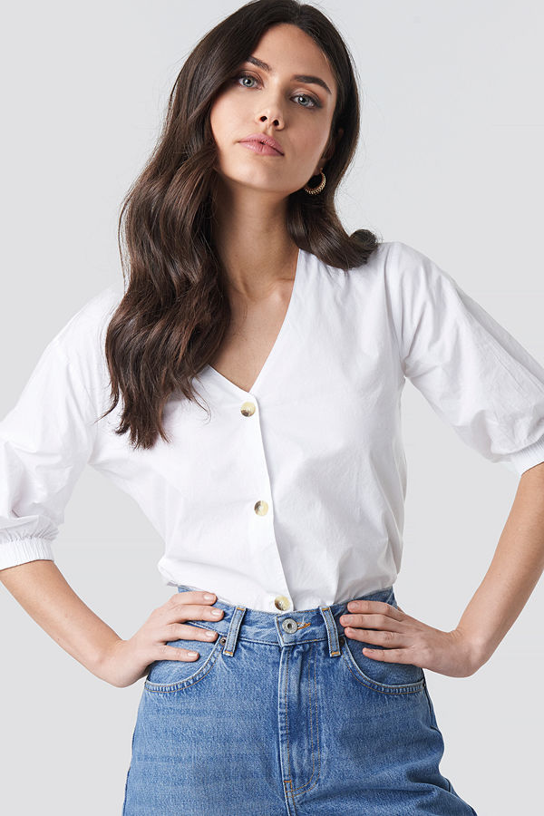 NA-KD Trend Button Short Sleeve Blouse vit