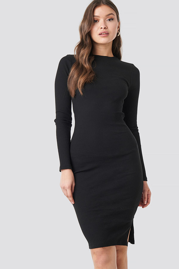 NA-KD Basic Ribbed Long Sleeve Dress svart