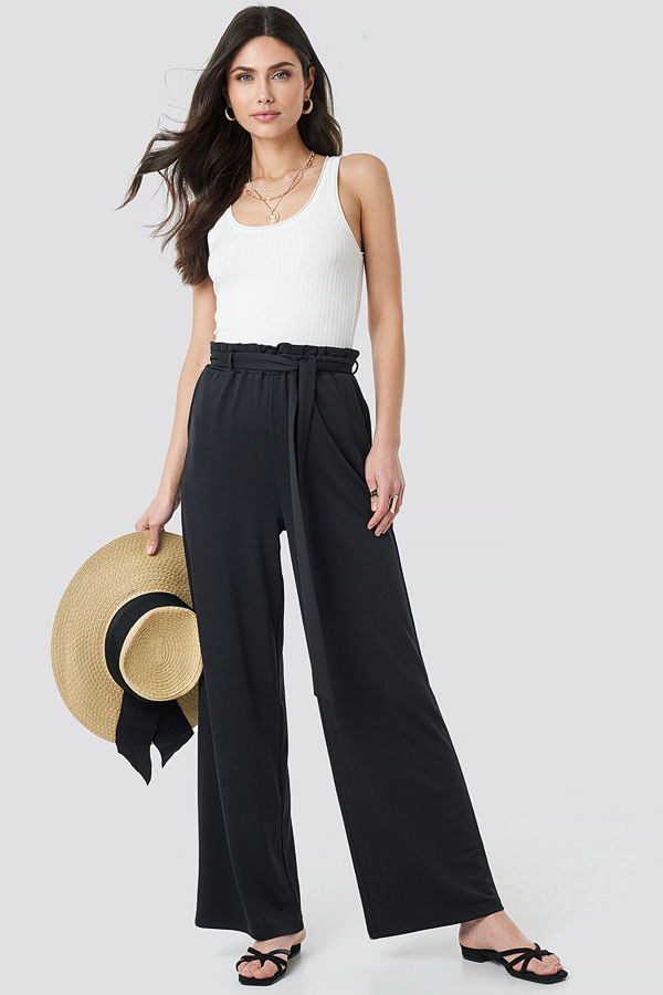 NA-KD Boho svarta byxor Tie Detail Paperbag Wide Pants svart