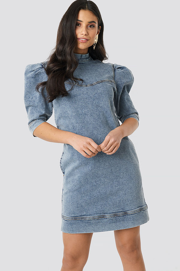 NA-KD Puff Sleeve Denim Mini Dress blå