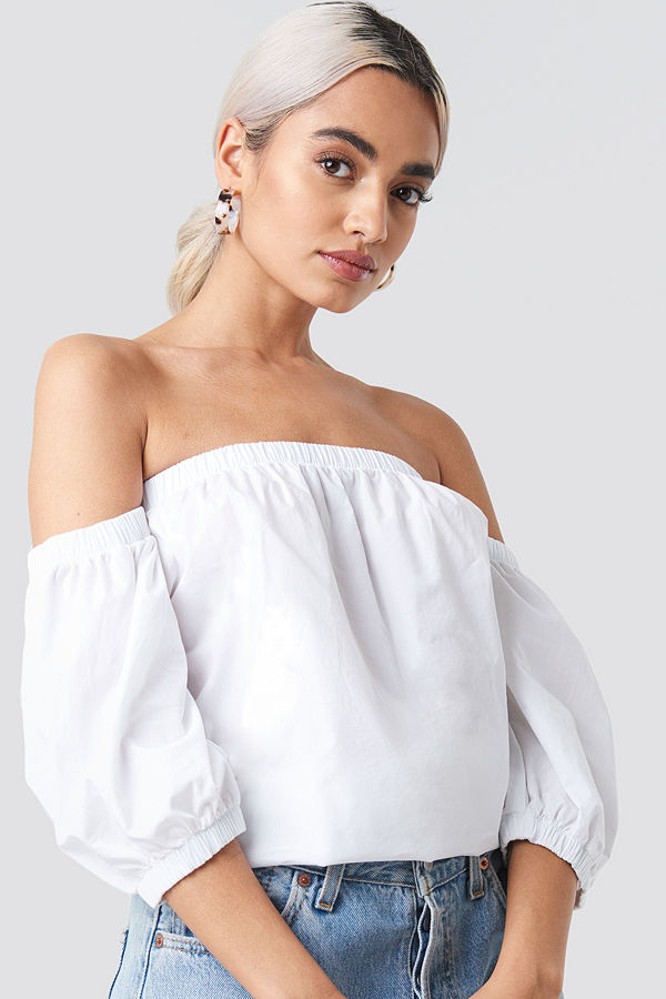 NA-KD Boho Cotton Bardot Puff Sleeve Top vit