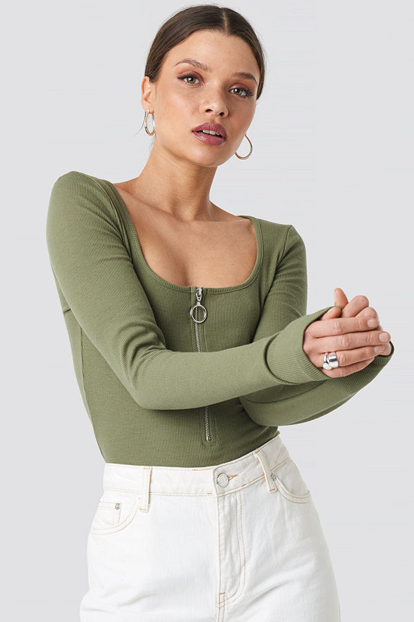 NA-KD Long Sleeve Zipped Top grön