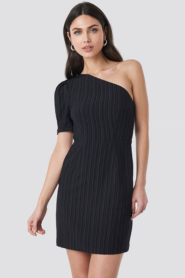 NA-KD Party One Shoulder Puff Sleeve Mini Dress svart