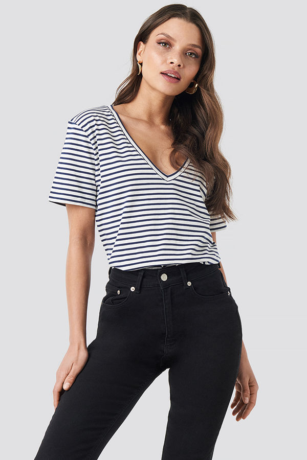 NA-KD Cotton Striped V-neck Tee blå
