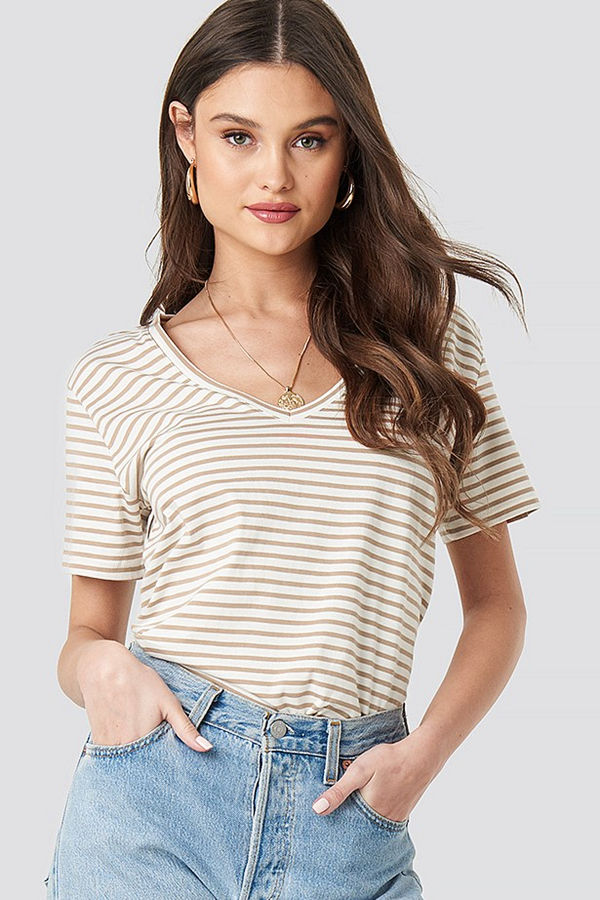 NA-KD Cotton Striped V-neck Tee beige