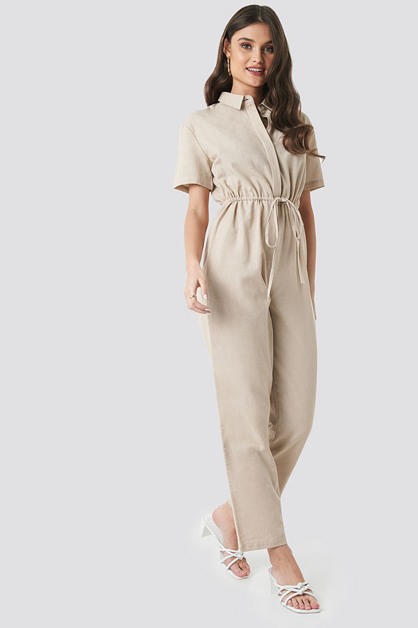 NA-KD Trend Linen Look Drawstring Shirt Jumpsuit beige
