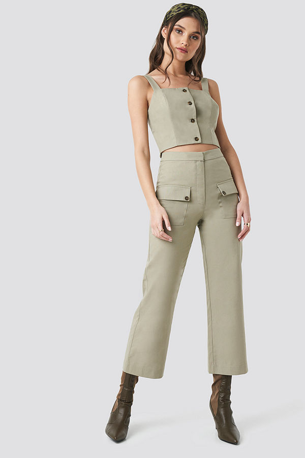 NA-KD Trend omönstrade byxor Linen Look Front Pocket Cargo Pants grön