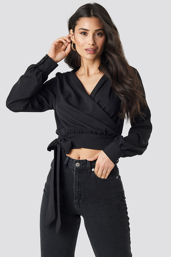 NA-KD Classic Wrap Tie Blouse svart