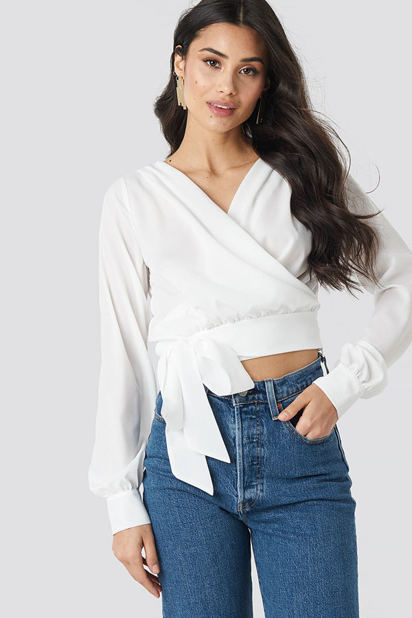 NA-KD Classic Wrap Tie Blouse vit