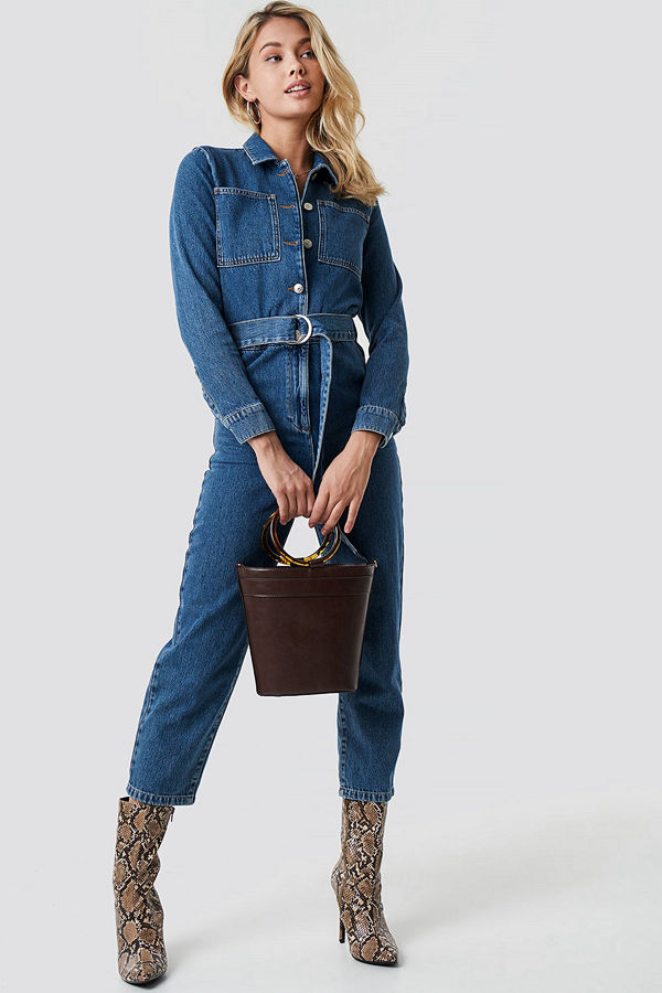 NA-KD Trend Jumpsuit I Denim Med Midjebälte blå