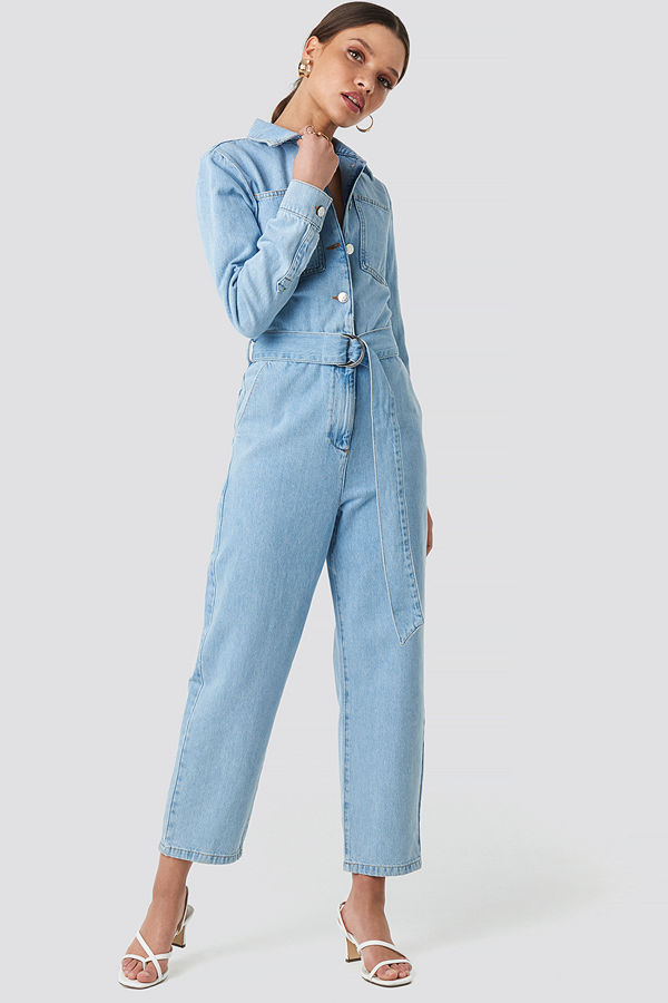 NA-KD Trend Waist Belt Denim Jumpsuit blå