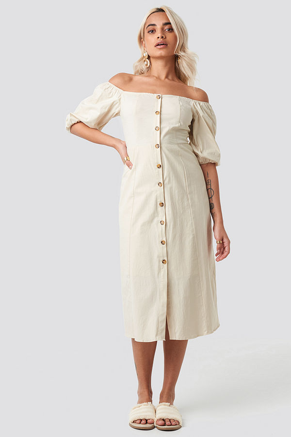 Trendyol Off Shoulder Button Detail Midi Dress beige