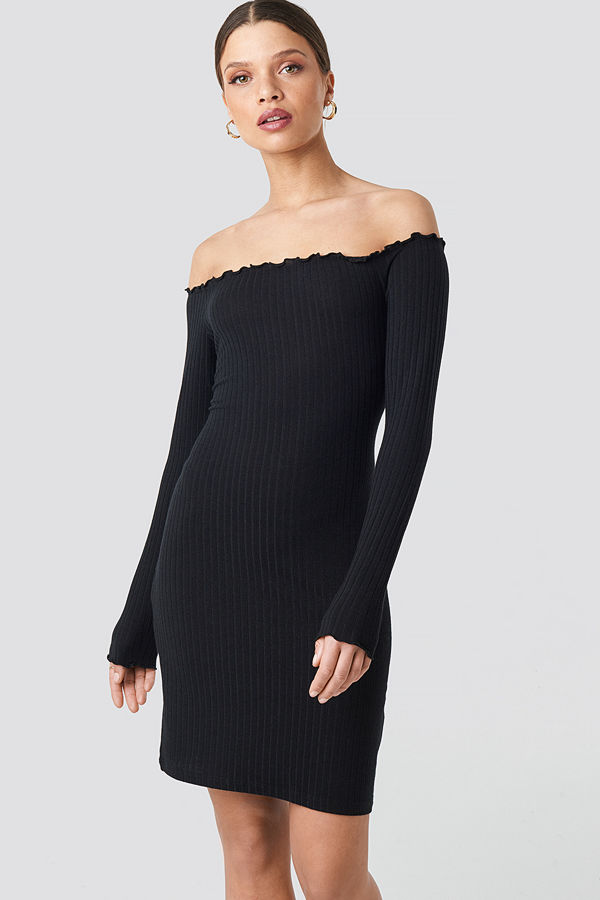 NA-KD Ribbed Babylock Off Shoulder Dress svart