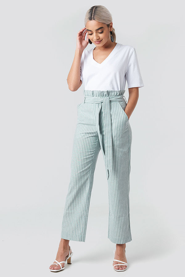 NA-KD randiga byxor Paper Waist Striped Trousers grön