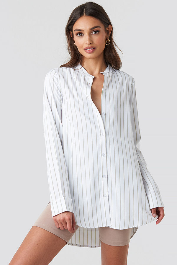 NA-KD Classic Banded Collar Striped Long Shirt vit