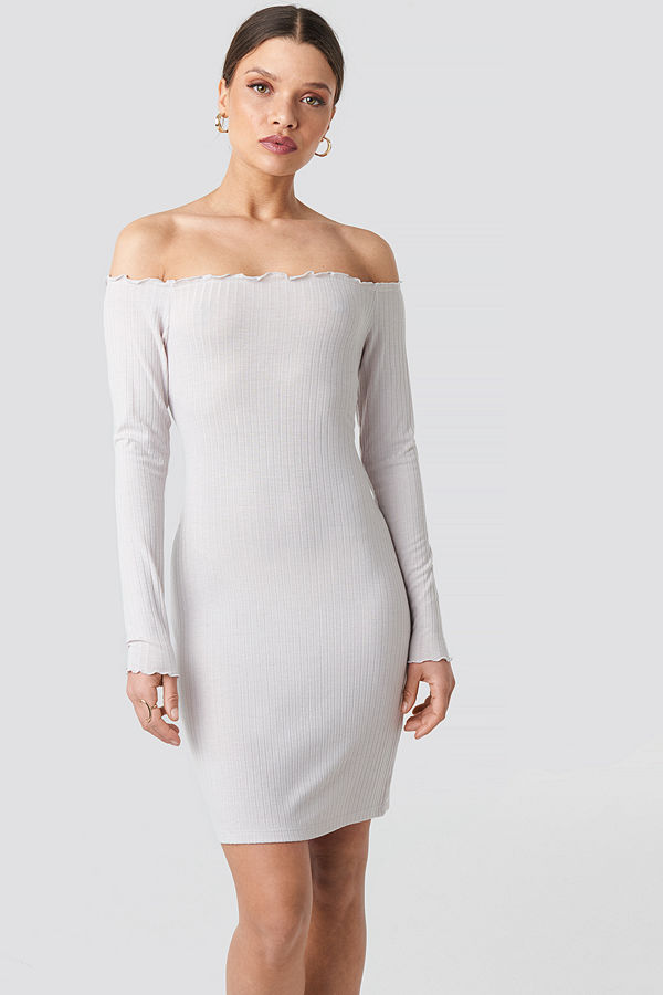 NA-KD Ribbed Babylock Off Shoulder Dress beige