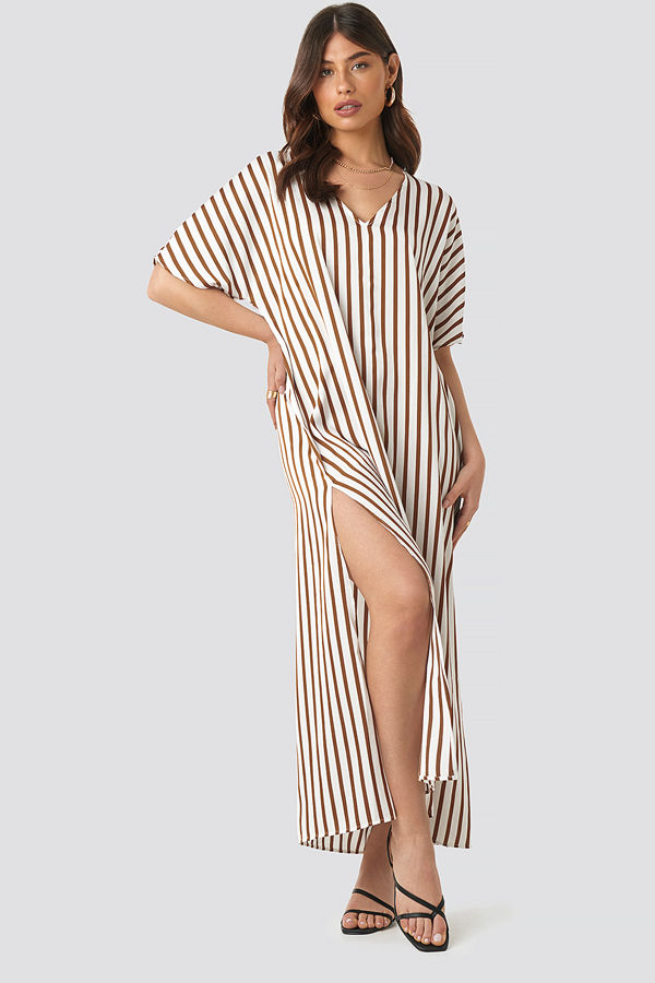 NA-KD Trend Striped V Neck Side Slit Dress vit