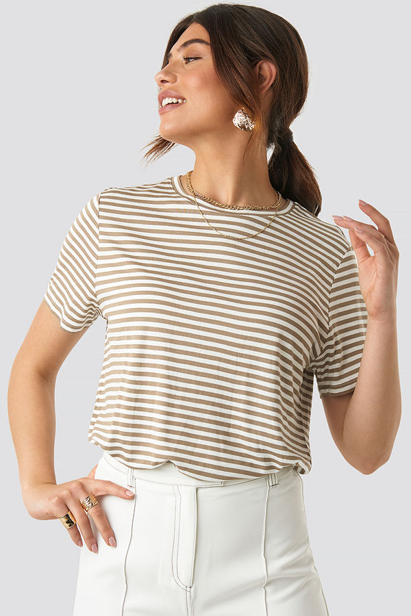 NA-KD Basic Striped Viscose Tee beige