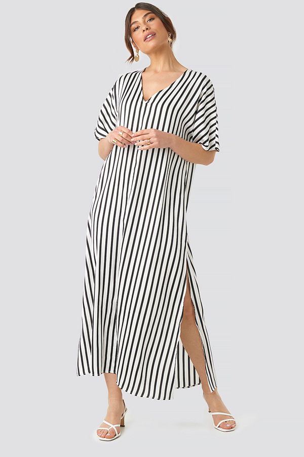NA-KD Trend Striped V Neck Side Slit Dress vit