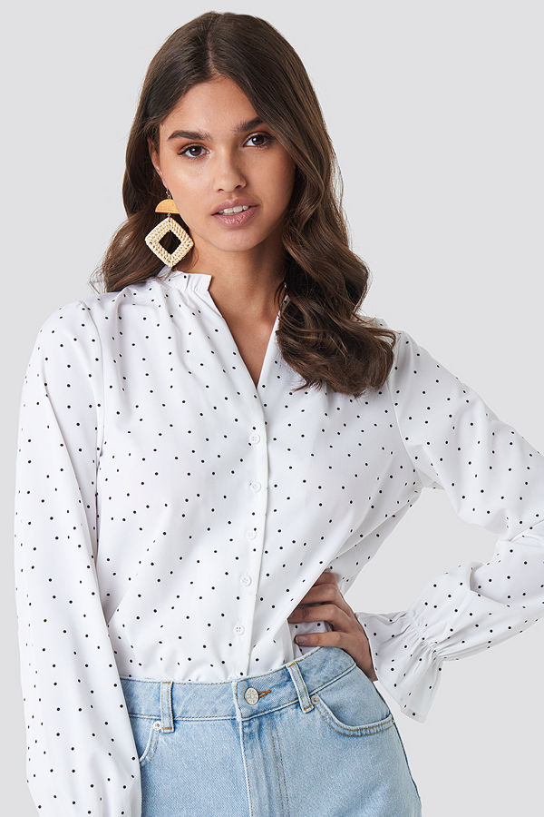 NA-KD Boho Small Dotted Frill Blouse vit