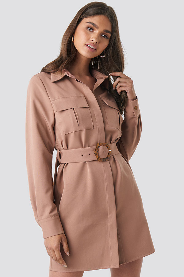 NA-KD Classic Belted Straight Fit Shirt Dress rosa