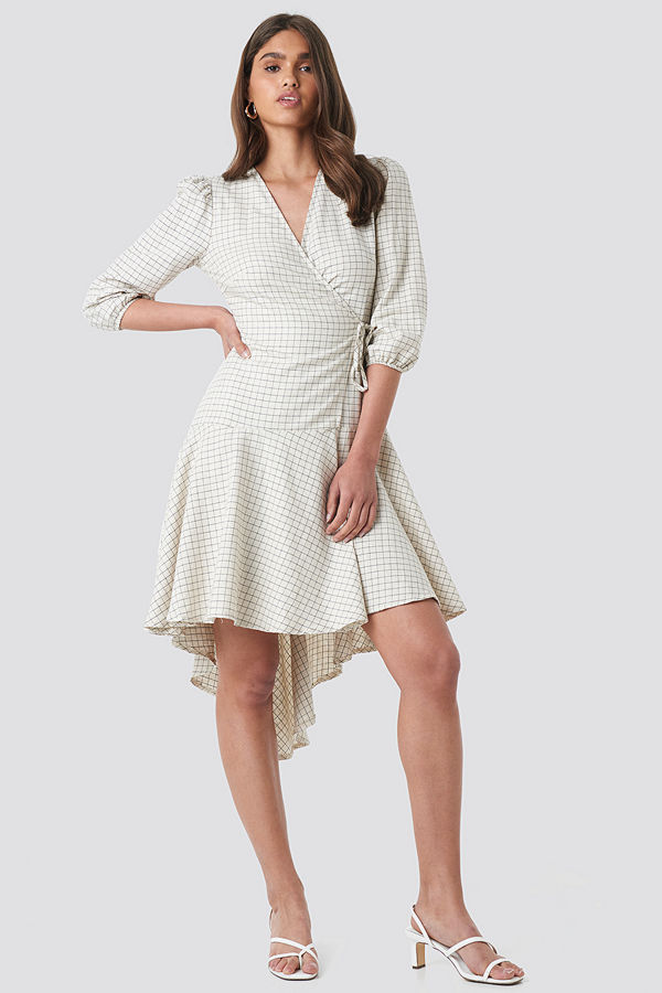 NA-KD Trend Linen Look Wrap Over Checked Dress beige