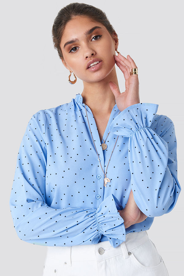 NA-KD Boho Small Dotted Frill Blouse blå