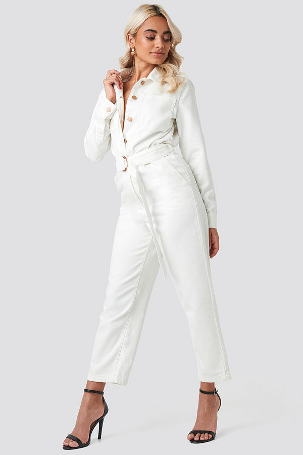 NA-KD Trend Jumpsuit I Denim Med Midjebälte vit
