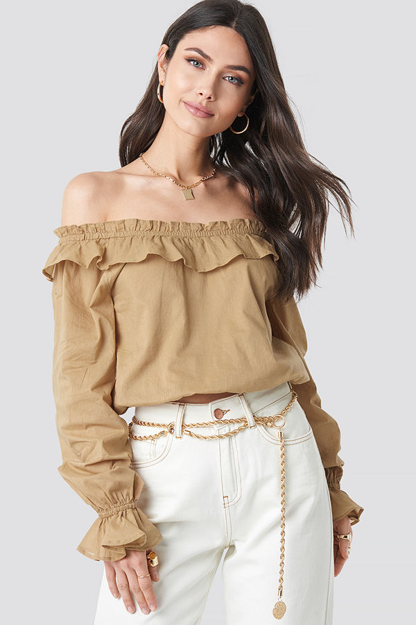 NA-KD Boho Off Shoulder Frill Crop Blouse beige