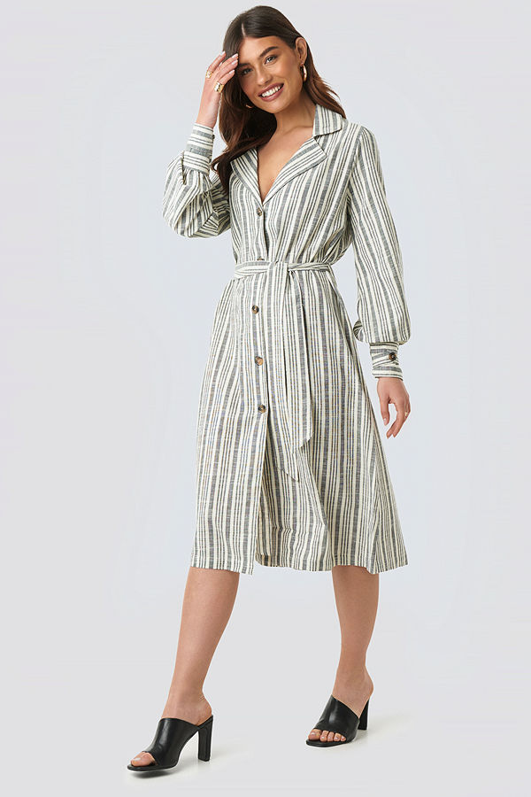 NA-KD Trend Striped Linen Look Trench Coat grå blå