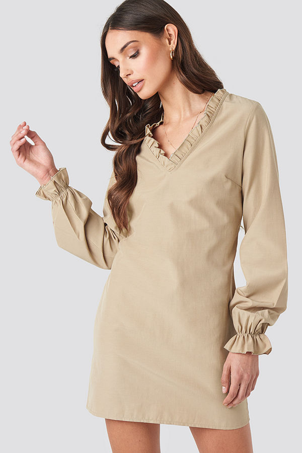NA-KD Boho Gathered Neckline Oversize Dress beige