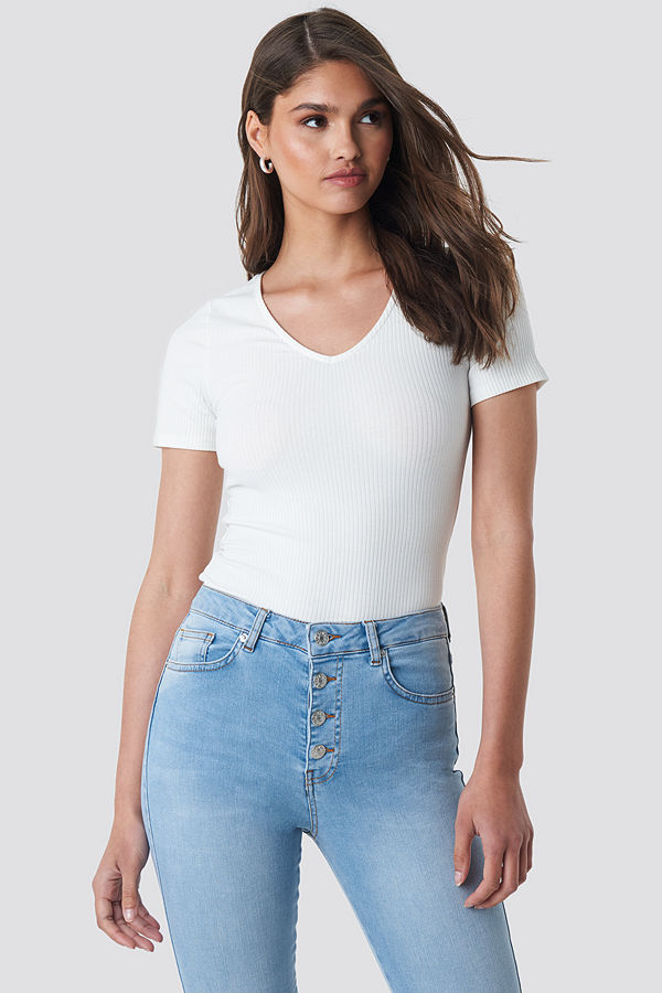 NA-KD Basic Deep V Neck Ribbed Top offvit
