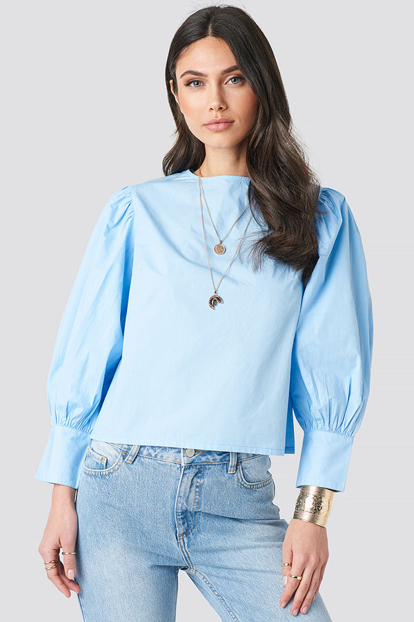 NA-KD Trend Large Cuff Puff Cotton Blouse blå