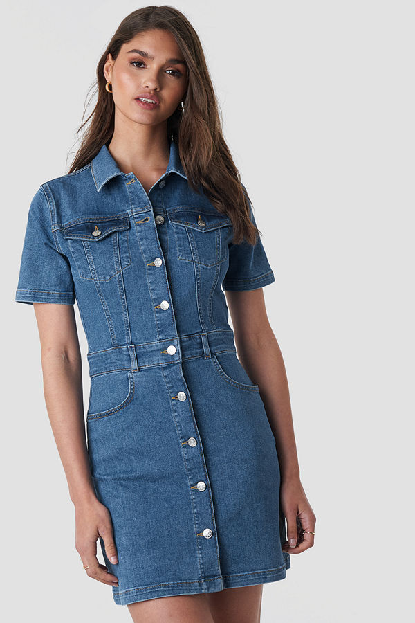 NA-KD Button Up Mini Denim Dress blå