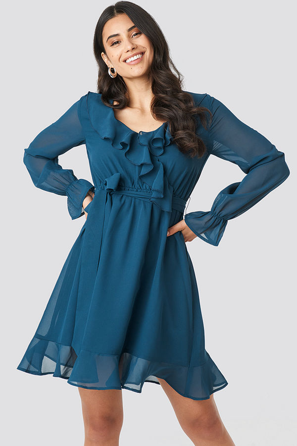 NA-KD Flounce Chiffon Mini Dress blå
