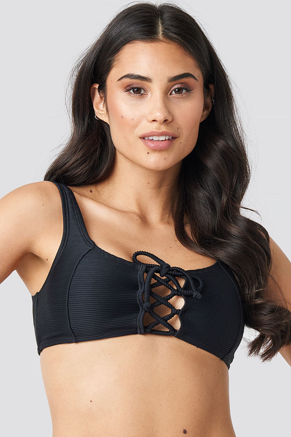 NA-KD Swimwear Ribbed Lace Up Bikini Top svart