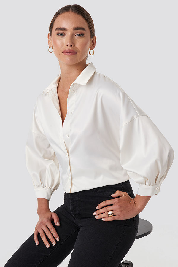 NA-KD Puff Sleeve Satin Blouse vit