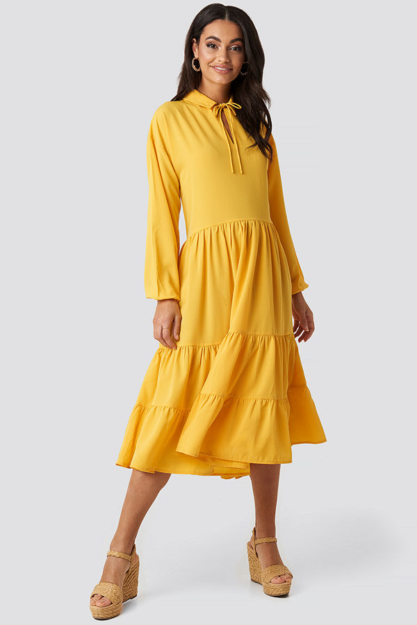 NA-KD Boho Tiered Detail Balloon Sleeve Dress gul