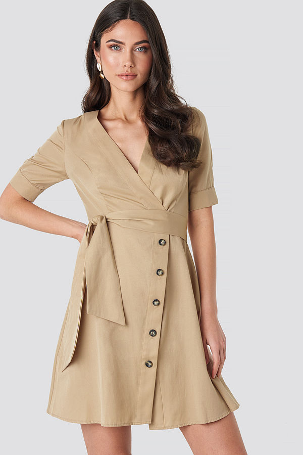 NA-KD Boho Asymmetric Buttoned Mini Dress beige