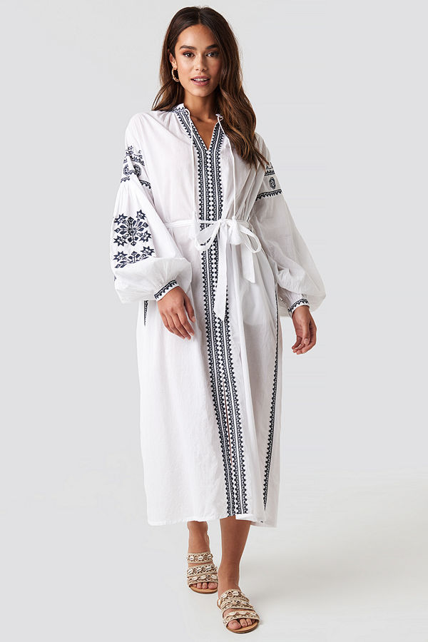 NA-KD Boho Tie Waist Embroidery Maxi Dress vit