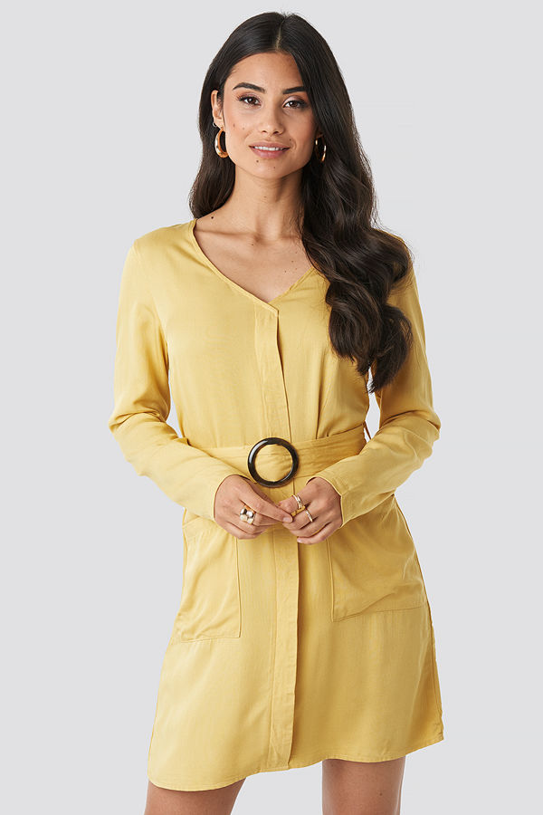 NA-KD Belted Long Sleeve Dress gul
