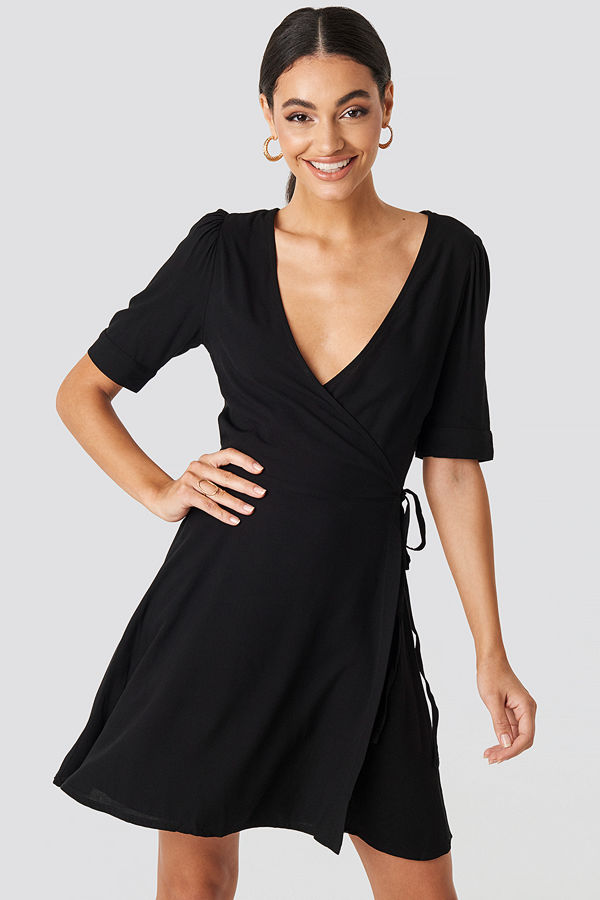 NA-KD Wrap Puff Sleeve Mini Dress svart
