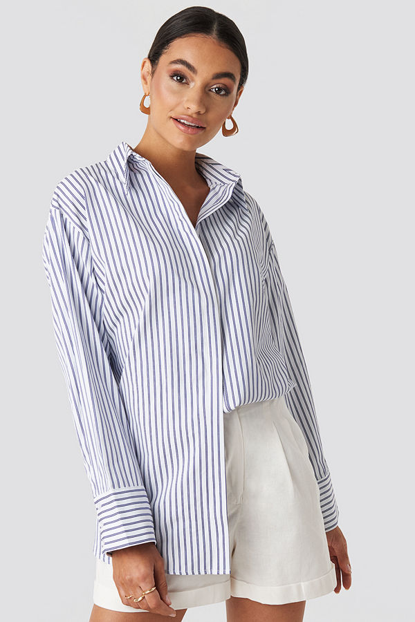 NA-KD Classic Maxi Oversized Striped Shirt vit blå